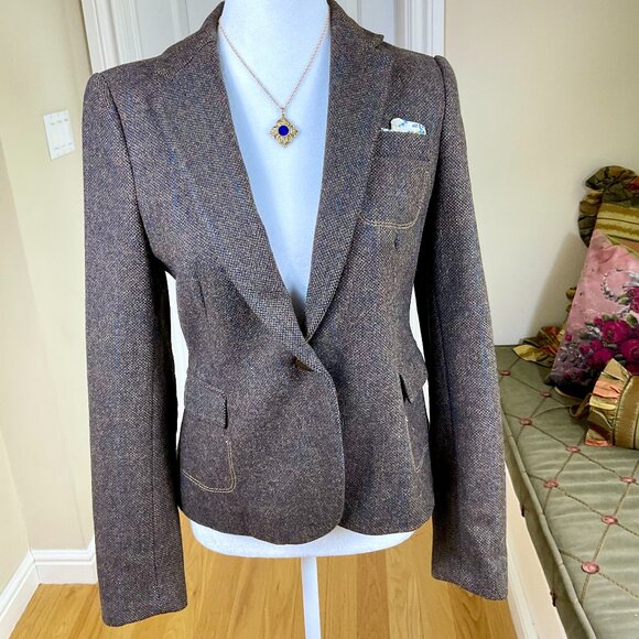 Zara Blazer Wool Plaid Single Breasted Brown Multi Elbow Patches Faux Hankie (M) - Picture 1 of 9
